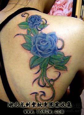 蓝玫瑰纹身背部纹身