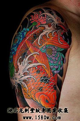 大臂菊花鲤鱼纹身图案