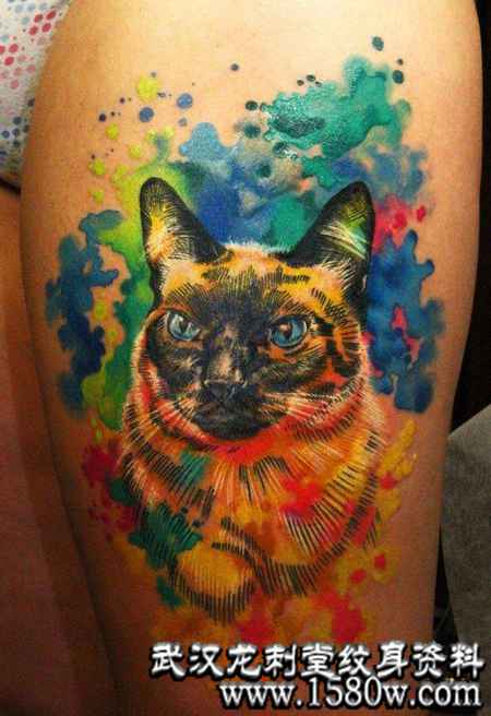 水彩泼墨猫咪纹身